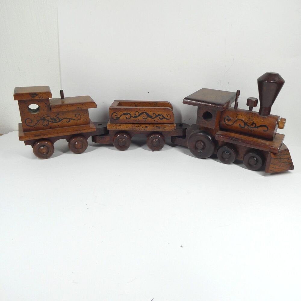 Handmade Wooden Train Set Toy 3pc Vintage Engine Cars